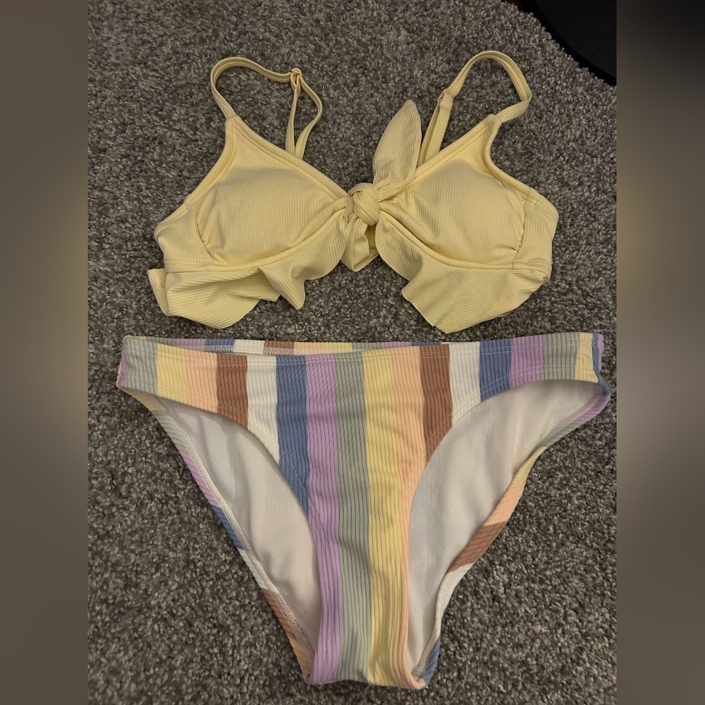 Yellow Bikini Top with Striped Bottom
